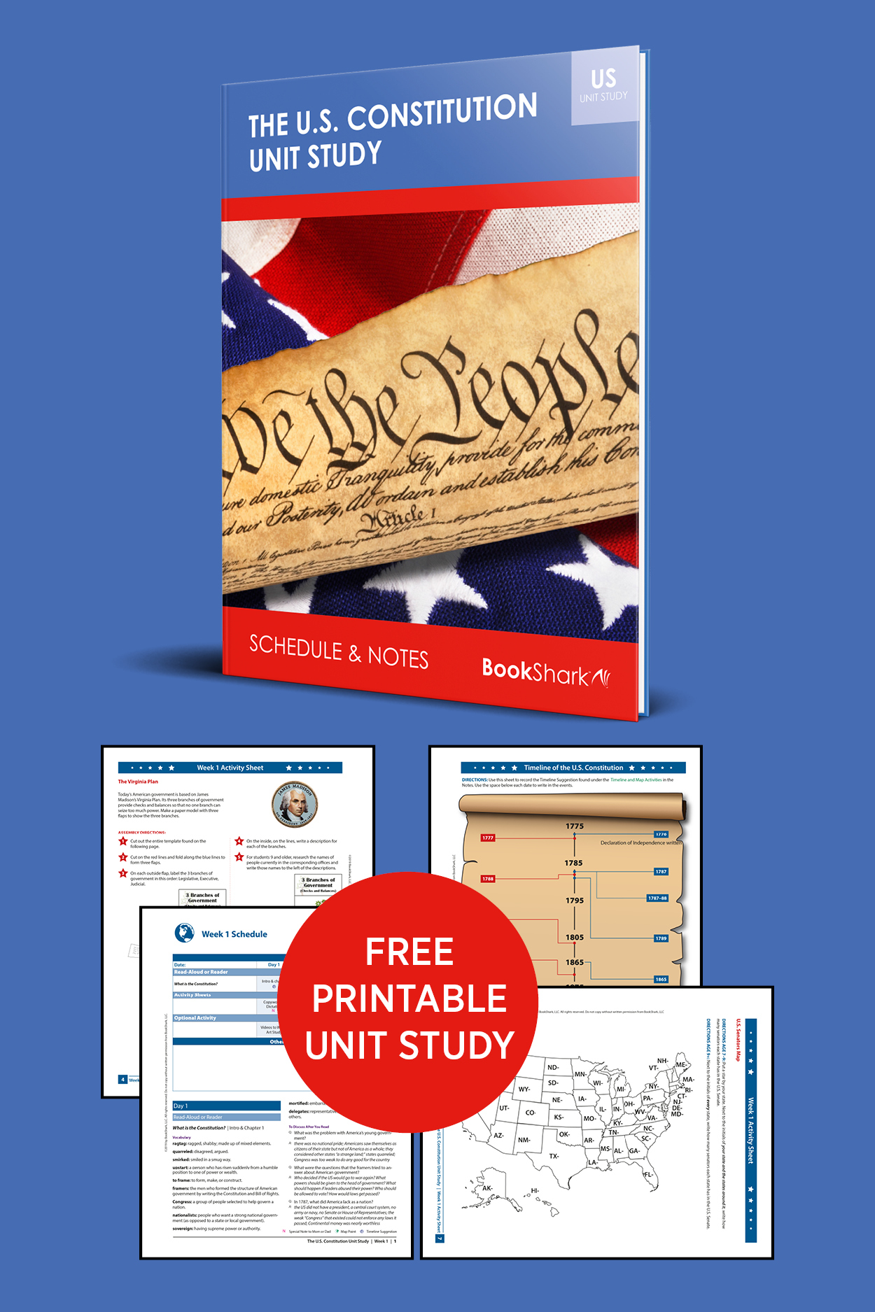 The U.S. Constitution Free Printable Unit Study workbook cover and page examples over a blue colored background